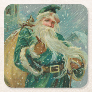 Christmas Greetings-Retro Santa Claus Postcard Square Paper Coaster