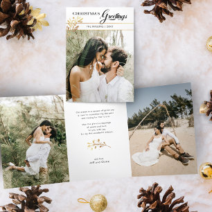 Christmas Greetings Script/Glam Gold Leaves Photo Tri-Fold Holiday Card