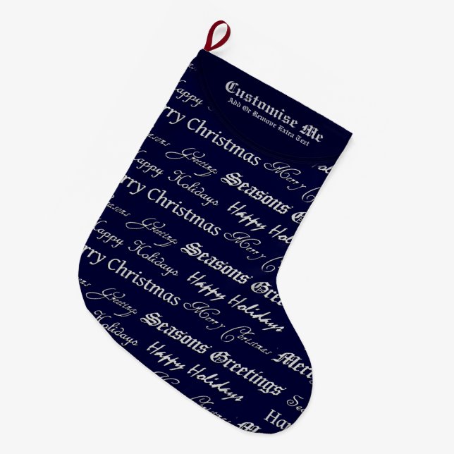 Christmas Greetings (Silver) Large Christmas Stocking (Front (Hanging))