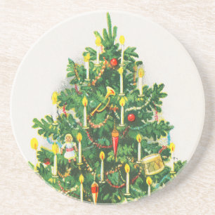Christmas Greetings, vintage card, Christmas Tree Coaster