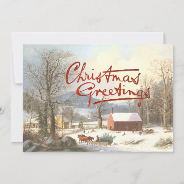 Christmas Greetings Vintage Village Scene Snow  Holiday Card (Front)