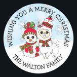 Christmas Greetings Winter Llama and Snowman Classic Round Sticker<br><div class="desc">Personalised Christmas Greetings Winter Llama and Snowman festive stickers for your Christmas cards gift bags or candy bag favours!</div>