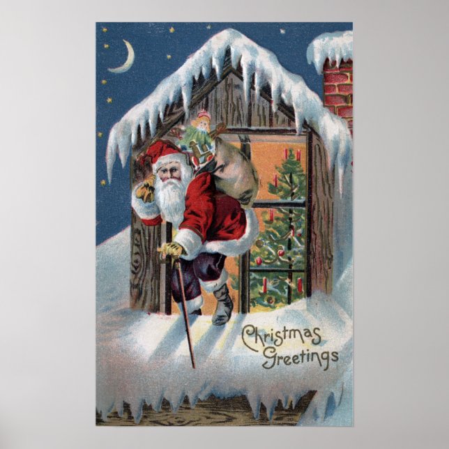 Christmas GreetingSanta Climbing Out Window Poster (Front)