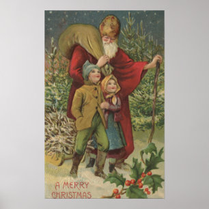 Christmas GreetingSanta Walking with Kids Poster