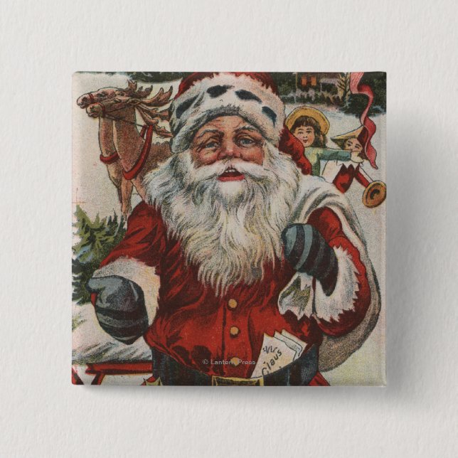 Christmas GreetingSanta with Deer and Kids 15 Cm Square Badge (Front)