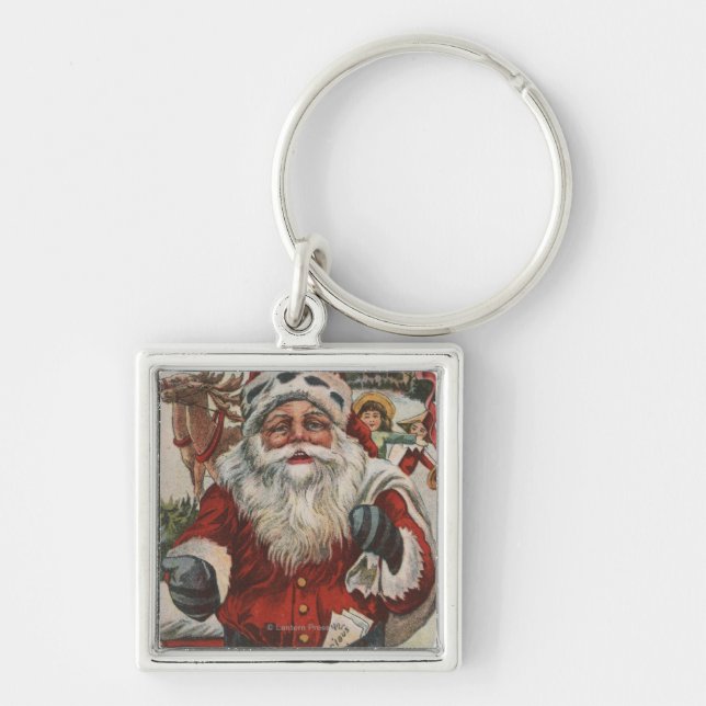 Christmas GreetingSanta with Deer and Kids Key Ring (Front)