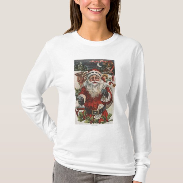 Christmas GreetingSanta with Deer and Kids T-Shirt (Front)