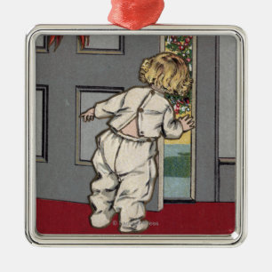 Christmas GreetingsKid Peeking for Santa Metal Tree Decoration