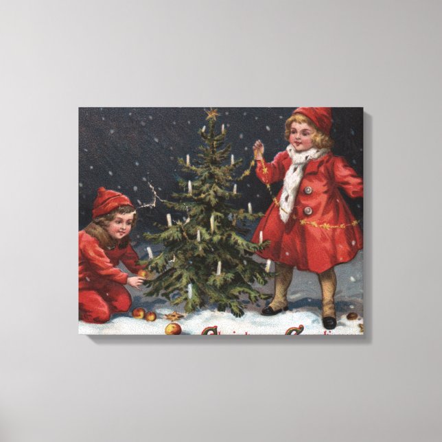 Christmas GreetingsKids Decorating a Tree Canvas Print (Front)
