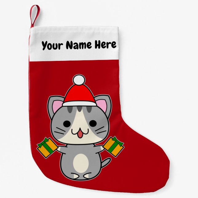 Christmas Grey Tabby Cat Small Christmas Stocking (Front)