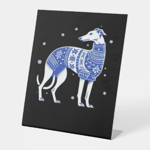 Christmas Greyhound Dog Wearing an Ugly Sweater Bl Pedestal Sign