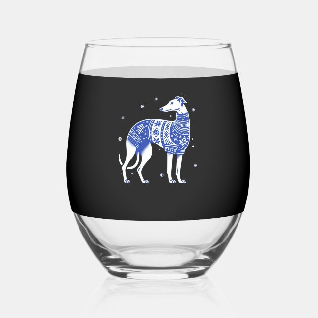 Christmas Greyhound Dog Wearing an Ugly Sweater Bl Stemless Wine Glass (Front)