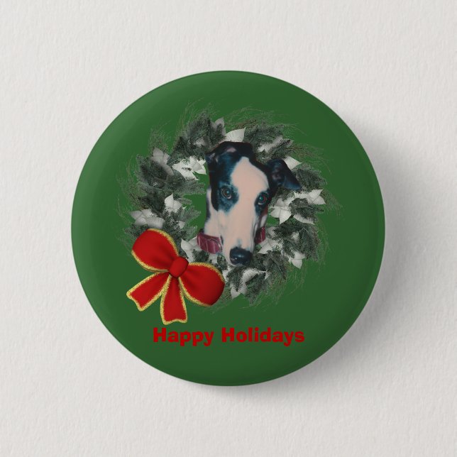 Christmas Greyhound Wreath Bow Holiday Button Pin (Front)