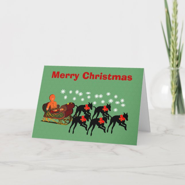 Christmas Greyhounds Pulling Sleigh Holiday Card (Front)