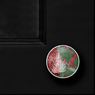 Christmas Grunge Red Green and White XMas Tree Ceramic Knob