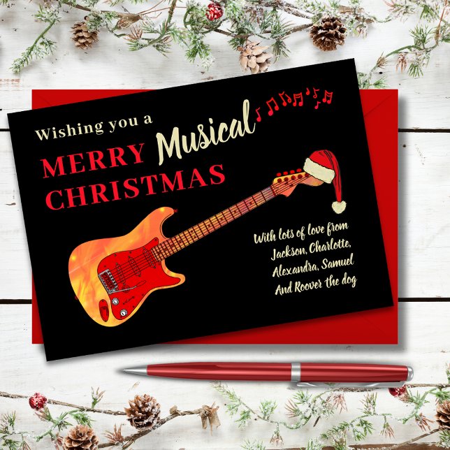Christmas Guitar Personalised Holiday Card (Merry musical christmas red and black cool electric fire guitar themed holiday card)