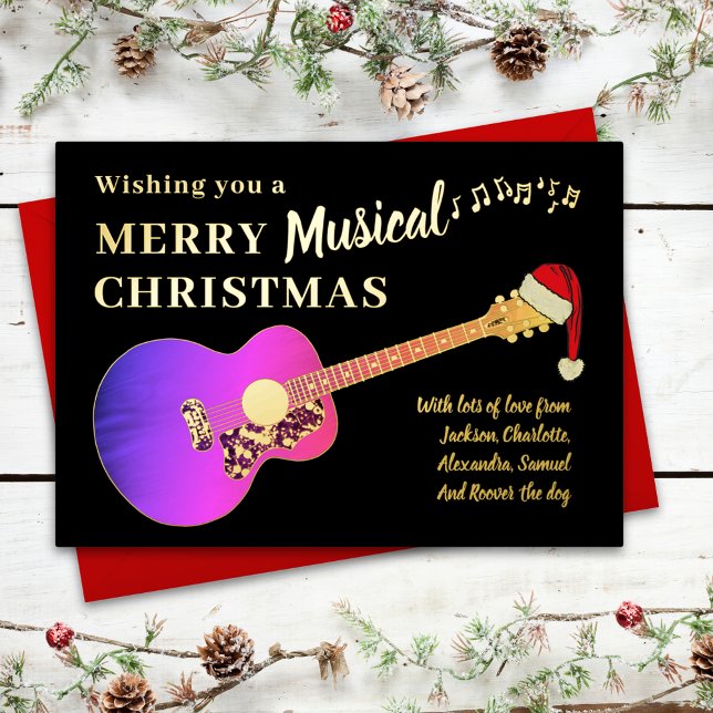 Christmas Guitar Personalised Pink Gold (Christmas pink girly guitar wearing a santa hat personalized black & gold foil holiday greeting card)