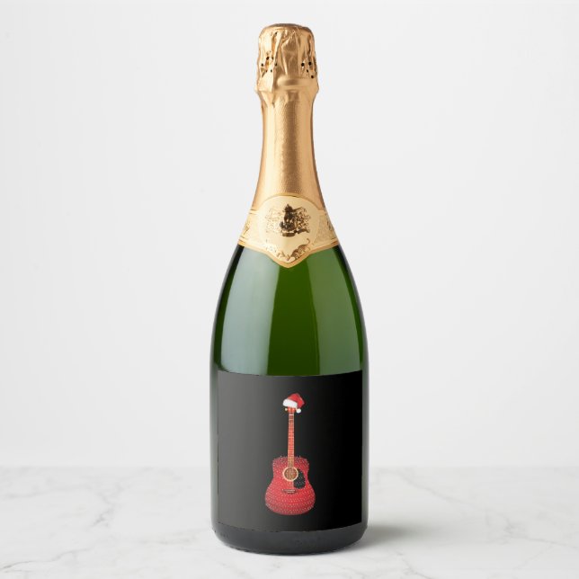 Christmas Guitar santa hat Sparkling Wine Label (Front)