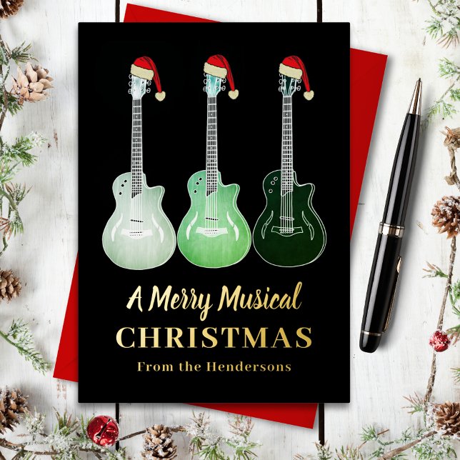 Christmas Guitar Wearing Santa Hats Black and Gold (Guitar merry Christmas black and gold foil holiday greeting card guitarist musician music teacher)