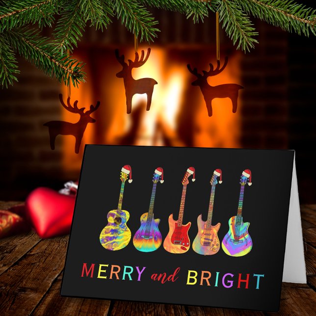 Christmas Guitars Merry and Bright Holiday Card (Rock and roll Christmas guitars merry and bright custom holiday greetings card guitarist musician )