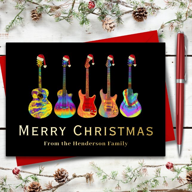 Christmas Guitars Wearing Santa Hats Black Gold (Rock and roll Christmas guitars black and gold foil custom holiday greetings card guitarist musician)
