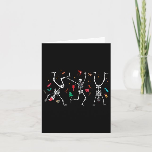 Christmas Hairstylist Skeleton Dancing Hairdresser Card (Front)