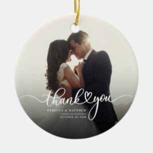 Christmas Hand-Lettered Wedding Photo Thank You Ceramic Tree Decoration