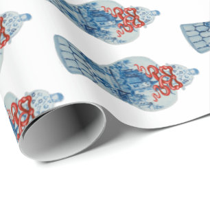 Christmas Hand Painted Blue and White Ginger Jar Wrapping Paper