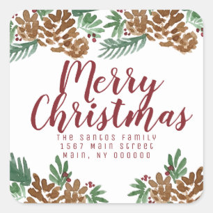Christmas Hand Watercolor Pinecones Greenery Berry Square Sticker