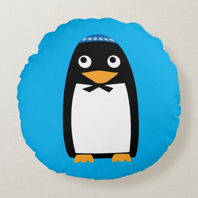 Christmas Hanukkah Jewish Penguin Yamulke Round Cushion (Front)