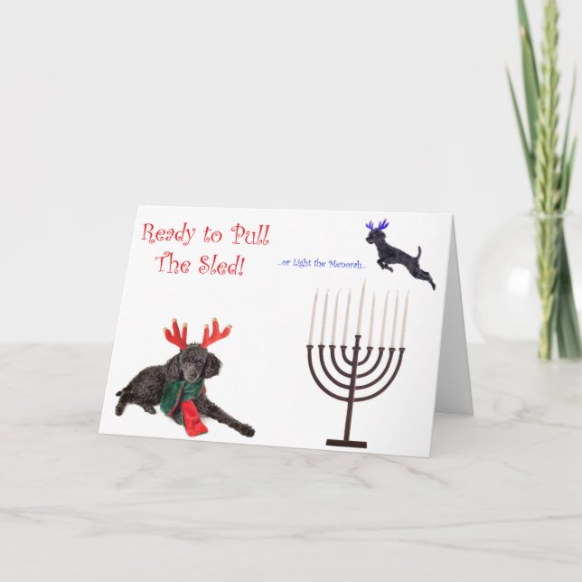 Christmas Hanukkah Poodle Dog w Menorah Holiday Card (Front)