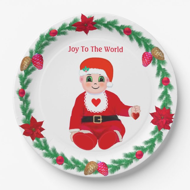 Christmas happy baby, heart & pine wreath paper plate (Front)