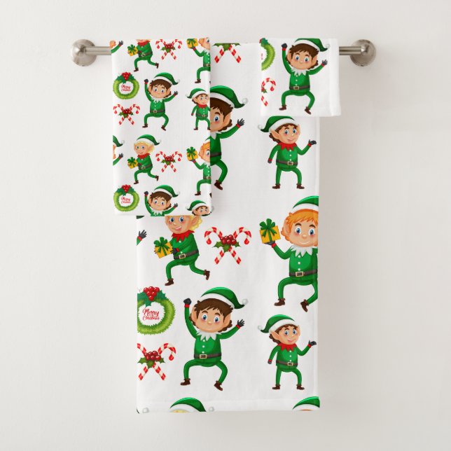 Christmas Happy Elf with Gift Pattern Bath Towel Set (Insitu)