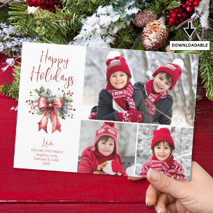 Christmas HAPPY HOLIDAYS 3 Photos Red Bow Script Holiday Card