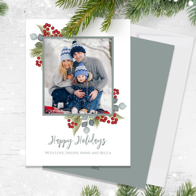 Christmas Happy Holidays Elegant Red Holly Berries Holiday Card (Happy Holidays cute calligraphy script eucalyptus greenery photo greeting card)