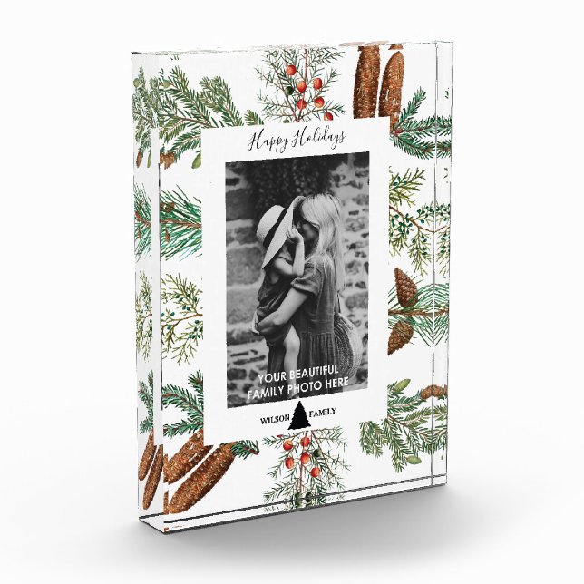 Christmas Happy Holidays Family Photo Pine Block (Left)