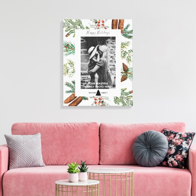 Christmas Happy Holidays Family Photo Pine  Canvas Print (Insitu(LivingRoom))