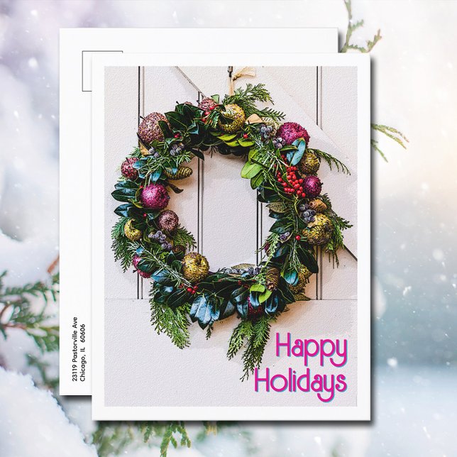 Christmas Happy Holidays Farmhouse Modern Wreath \ Holiday Postcard (Happy Holidays Farmhouse Wreath on a Christmas postcard will make you mailing chore simple this year)