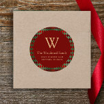 Christmas Harlequin Pattern Red Green Gold Address Classic Round Sticker<br><div class="desc">This elegant return address sticker features a burgundy red circle on a geometric harlequin pattern background in burgundy,  green and gold. Personalise the design with your monogram initial and family name in gold serif font,  with your address below in sans serif.</div>