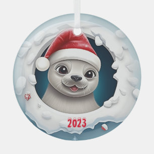 Christmas Harp Seal Glass Tree Decoration