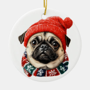Christmas hat cute pug ceramic tree decoration