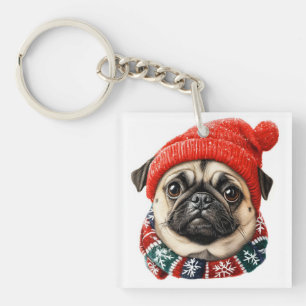 Christmas hat cute pug key ring
