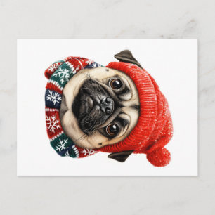 Christmas hat cute pug postcard