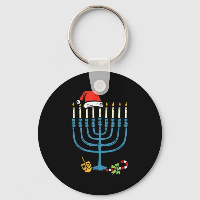 Christmas Hat Menorah Jew Hanukkah Chanukah Men Wo Key Ring (Front)
