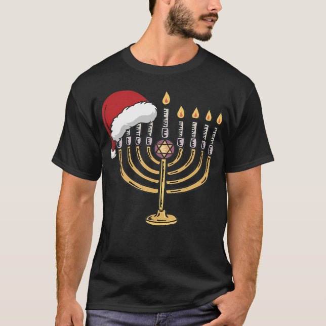 Christmas Hat Menorah Jew Hanukkah Chanukah Men Wo T-Shirt (Front)