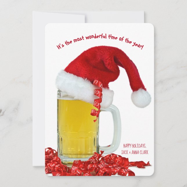 Christmas hat on beer mug holiday card (Front)