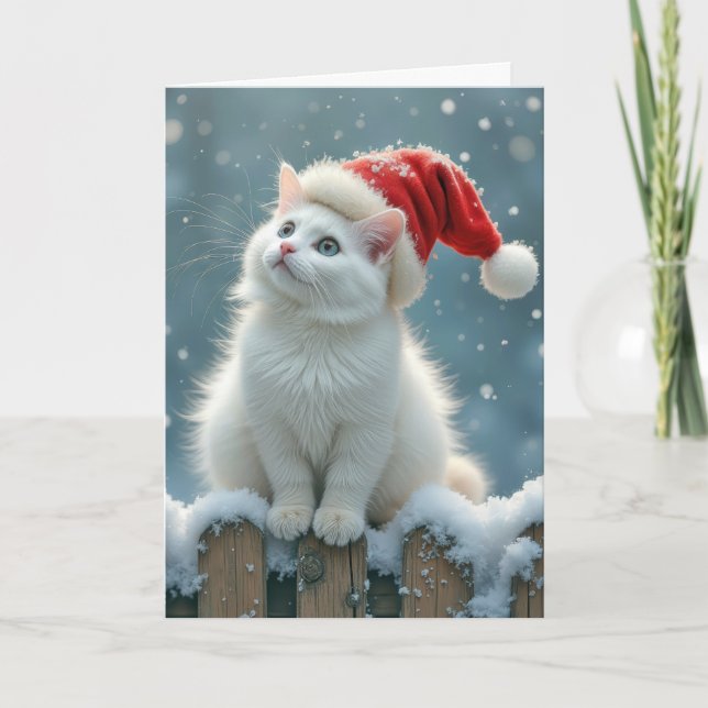 Christmas Hat On White Cat Holiday Card (Front)
