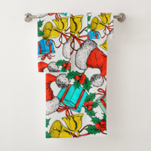 Christmas Hats, Gifts and Bells Bath Towel Set