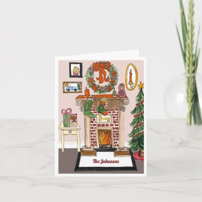 Christmas Hearth with Wreath Folded Holiday Card (Front)