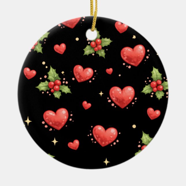 Christmas Hearts and Holly Pattern Ceramic Tree Decoration (Front)
